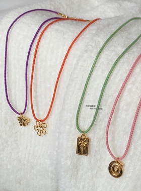 彩色棉线椰子树花朵吊坠项链