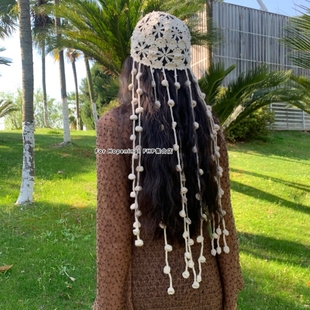 FHP复古文艺镂空带长流苏水母造型手工钩花帽子ins博主同款包头帽