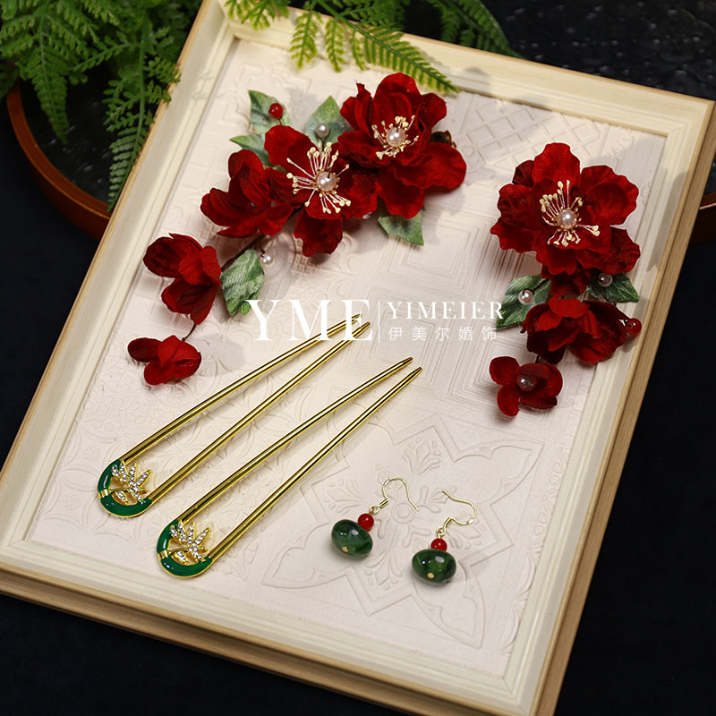 新款敬酒服新中式红色花朵发夹