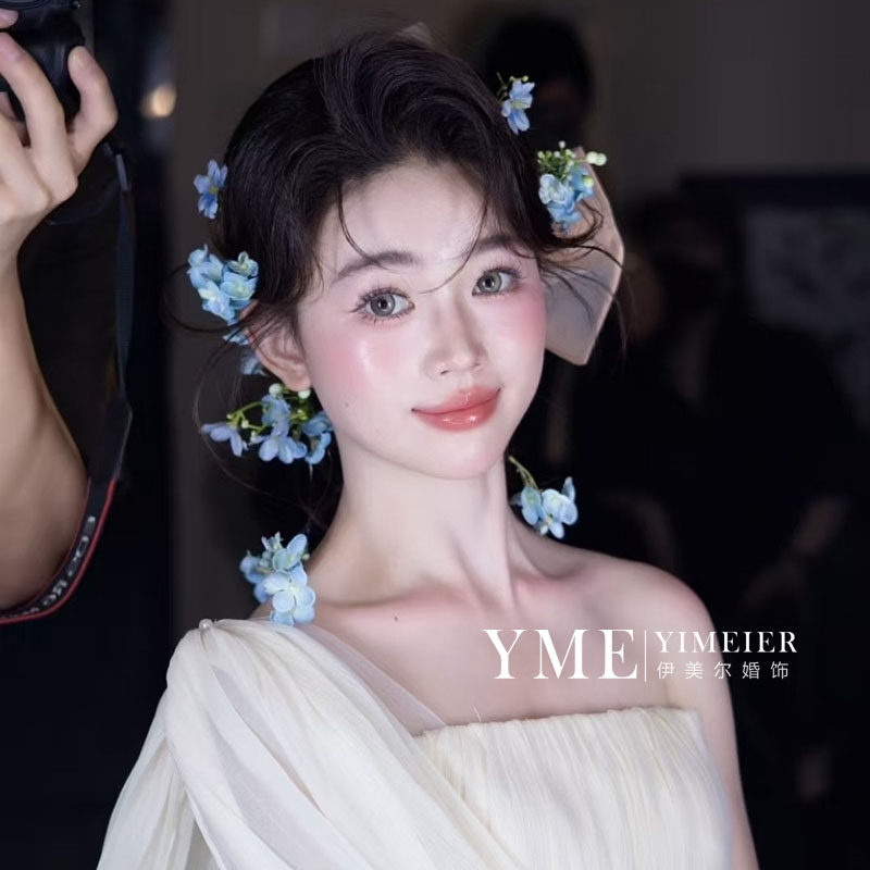 森系轻奢婚纱新娘晨袍礼服发饰高级超仙梦幻蓝色花朵套装新款头饰