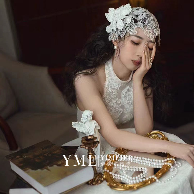 法式新款梦幻白色蕾丝软花帽复古法式新娘帽饰婚纱写真港风头饰品