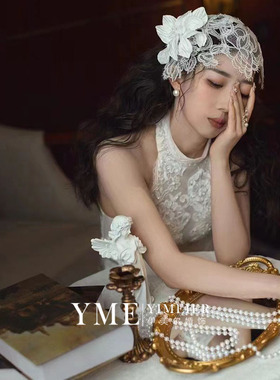 法式新款梦幻白色蕾丝软花帽复古法式新娘帽饰婚纱写真港风头饰品