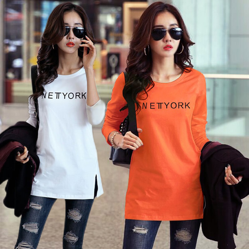 字母开叉长袖上衣中长款修身T恤女百搭套头圆领印花春秋打底衫潮