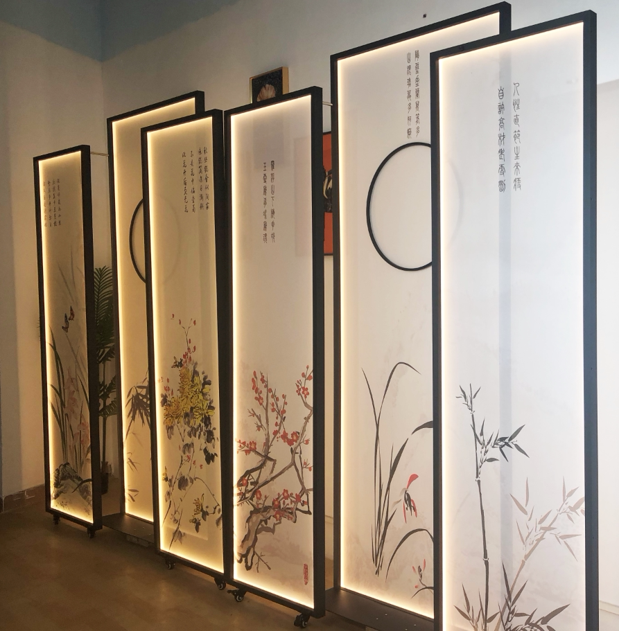 定制双排led灯带发光屏风花格双面半透明纱布画中式