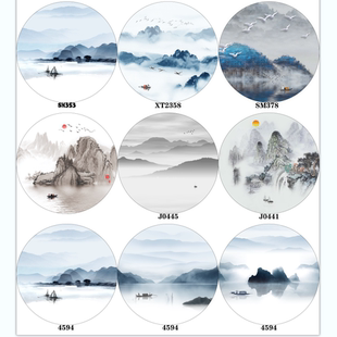 丝绢灯屏风新中式半透明圆形装饰画隔断禅意山水挂画玄关装饰画