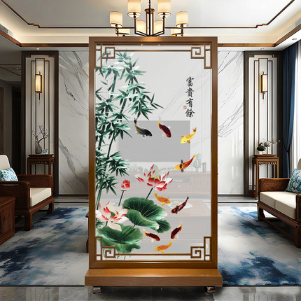 新中式实木屏风隔断客厅玄关办公室遮挡装饰荷花竹子鱼双面绣苏绣