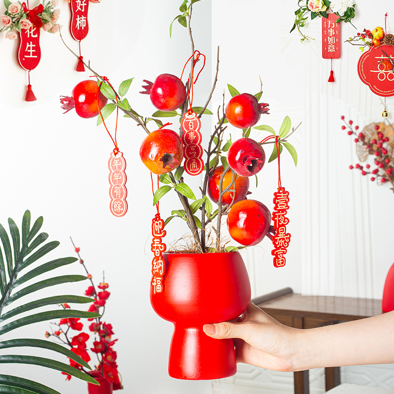 喜庆中国红陶瓷花瓶插花带仿真花结婚假花客厅新婚房花束摆件装饰