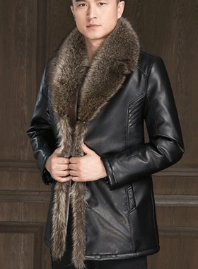 冬季新款海宁真皮皮衣男士大毛领中长款皮毛一体皮草加大加厚外套