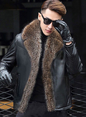 海宁男士皮衣皮草绵羊皮真皮皮毛一体貉子毛领男装加厚翻领皮夹克
