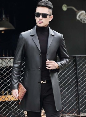 春款真皮皮衣男风衣海宁绵羊皮帅气皮风衣中长款皮夹克外套西装领