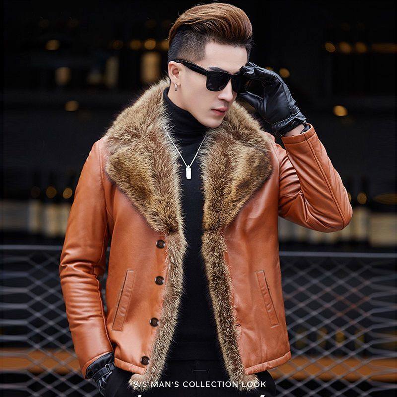 美洲貉毛领冬装皮毛一体真皮皮衣男修身羊羔毛皮草男装皮夹克外套,男装,皮衣,淘宝优惠券,粉丝福利购,淘宝优惠卷