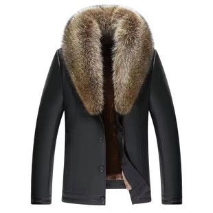 冬季海宁狐狸毛领皮毛一体男羊羔毛内胆修身外套短款真皮皮衣夹克