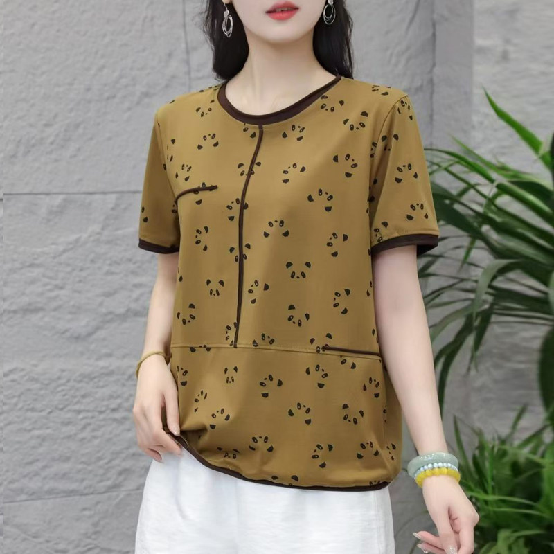夏季新款圆领印花短袖T恤女时尚洋气中老年妈妈装半袖小衫女上衣