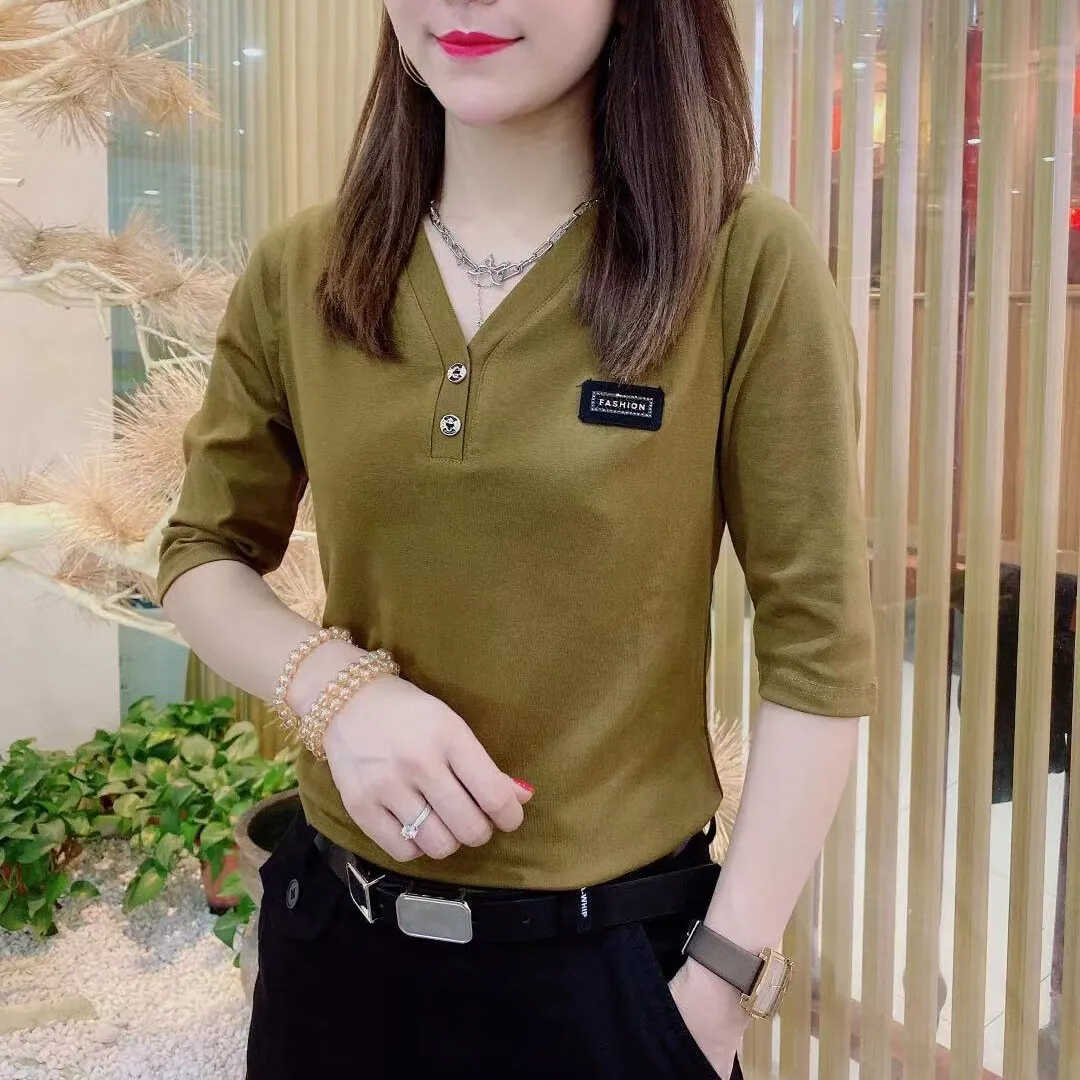 夏季纯棉女装宽松纯色中袖T恤女时尚V领中年妈妈气质显瘦上衣小衫