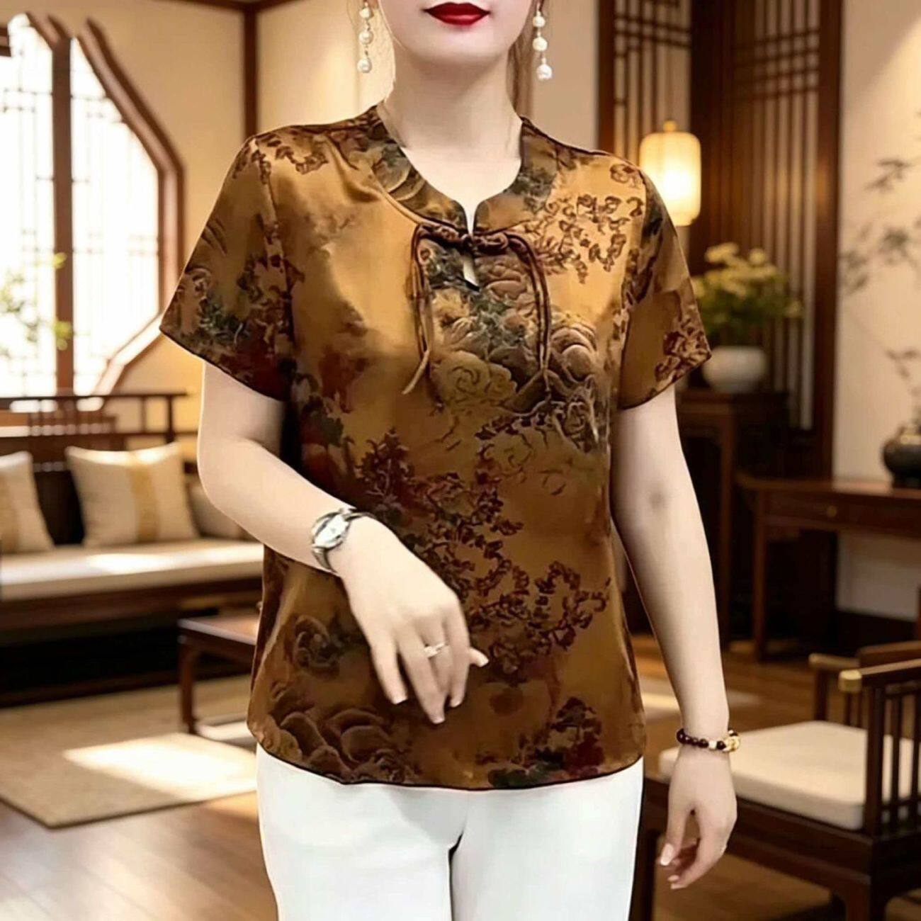 夏季新中式缎面短袖T恤女时尚洋气中老年妈妈装国风小衫盘扣上衣