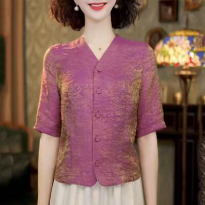 夏季新款时尚洋气V领短袖衬衫上衣女新中式国风中袖小衫薄款开衫