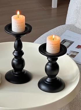 法式复古烛台摆件蜡烛香薰台座黑色罗马柱家用铁艺餐桌氛围感装饰