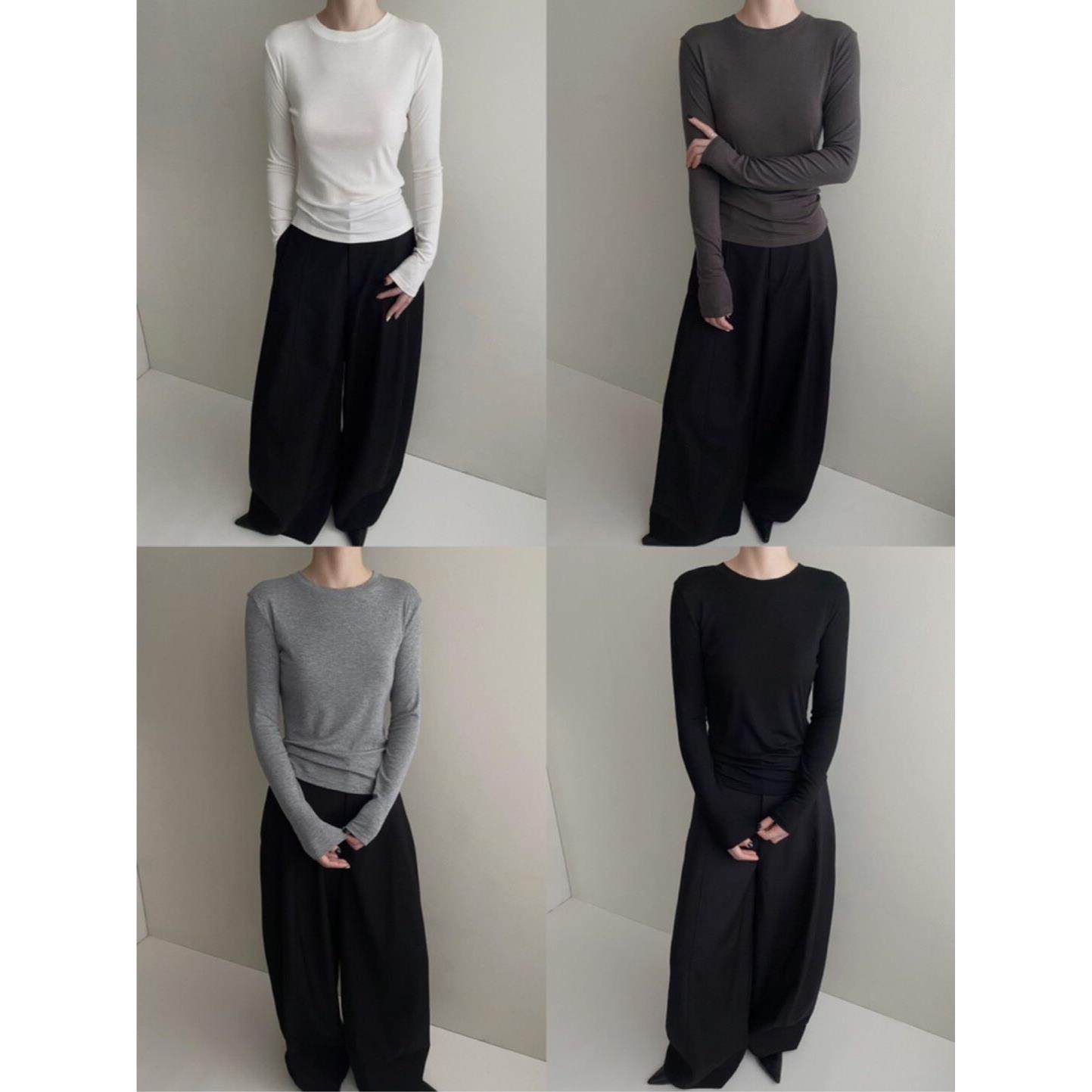 左希服装工作室的店【打底王】通勤纯色圆领修身长袖t恤打底衫女