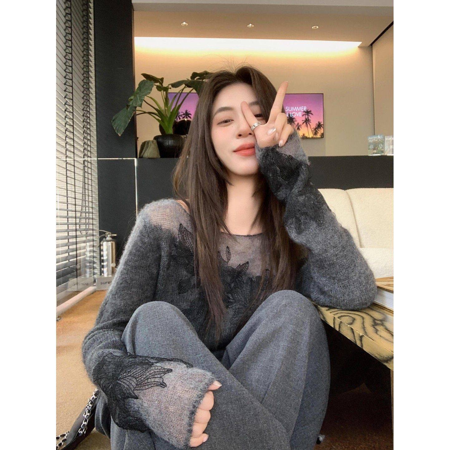 七希服饰秋季新款气质高级慵懒小香风灰色针织衫休闲裤子两件套装