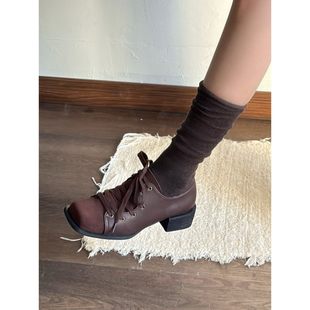 Cakeitty春新款小众复古风系带小皮鞋时尚粗跟方头单鞋百搭乐福鞋