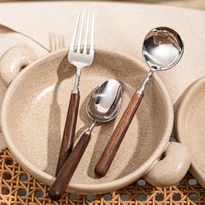 胡桃木柄勺子304不锈钢家用高档精致吃饭汤匙长柄叉子加厚喝汤勺