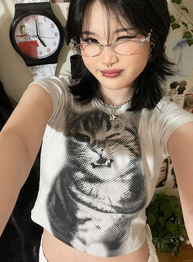 ROCKMORE【搞怪少女】美式复古猫咪印花T恤简约气质修身显瘦上衣