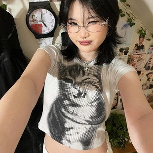 复古猫咪印花T恤简约气质修身 美式 显瘦上衣 搞怪少女 ROCKMORE