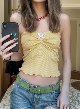 ROCKMORE【清欲少女】黄色细条纹褶皱修身抹胸甜美减龄蝴蝶结上衣