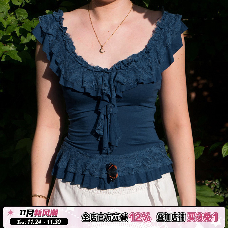 蓝色荷叶边蕾丝V领T恤