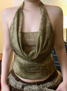 ROCKMORE【森系辣妹】废土感荡领绿色串珠挂脖背心性感露背吊带夏