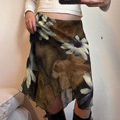 ROCKMORE 漫步花海 棕色大花卉印花不规则半身裙低腰网纱中长裙