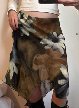 ROCKMORE【漫步花海】棕色大花卉印花不规则半身裙低腰网纱中长裙