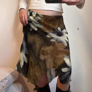 ROCKMORE 棕色大花卉印花不规则半身裙低腰网纱中长裙 漫步花海