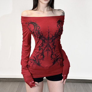 T恤 ROCKMORE 印花撞色一字肩长袖 个性 设计感上衣秋 亚系哥特风