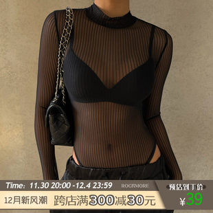 ROCKMORE 黑色条纹网纱透视镂空露背连体衣女辣妹上衣 禁欲性感