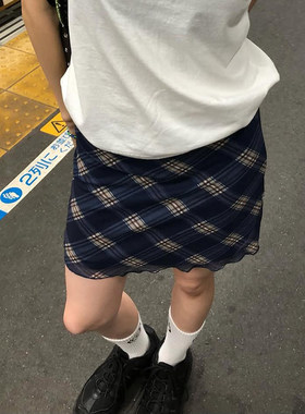 ROCKMORE【甜酷反差】蓝色低腰网纱格子拼接半身裙辣妹修身包臀裙