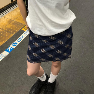 包臀裙 蓝色低腰网纱格子拼接半身裙辣妹修身 ROCKMORE 甜酷反差