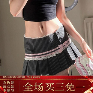 ROCKMORE【美校复古】撞色条纹蝴蝶结蕾丝百褶裙甜美辣妹西装短裙