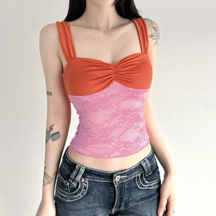 上衣 撞色蕾丝方领褶皱胸型吊带背心辣妹修身 ROCKMORE 欧美度假