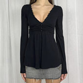 美式 古早 黑色V领褶皱收腰长袖 ROCKMORE 上衣性感辣妹修身 T恤女