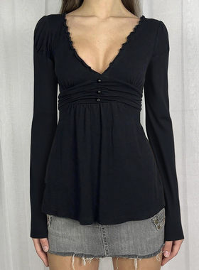 ROCKMORE【美式古早】黑色V领褶皱收腰长袖上衣性感辣妹修身T恤女