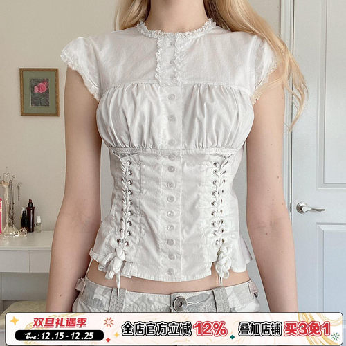 宫廷风排扣设计绑带上衣