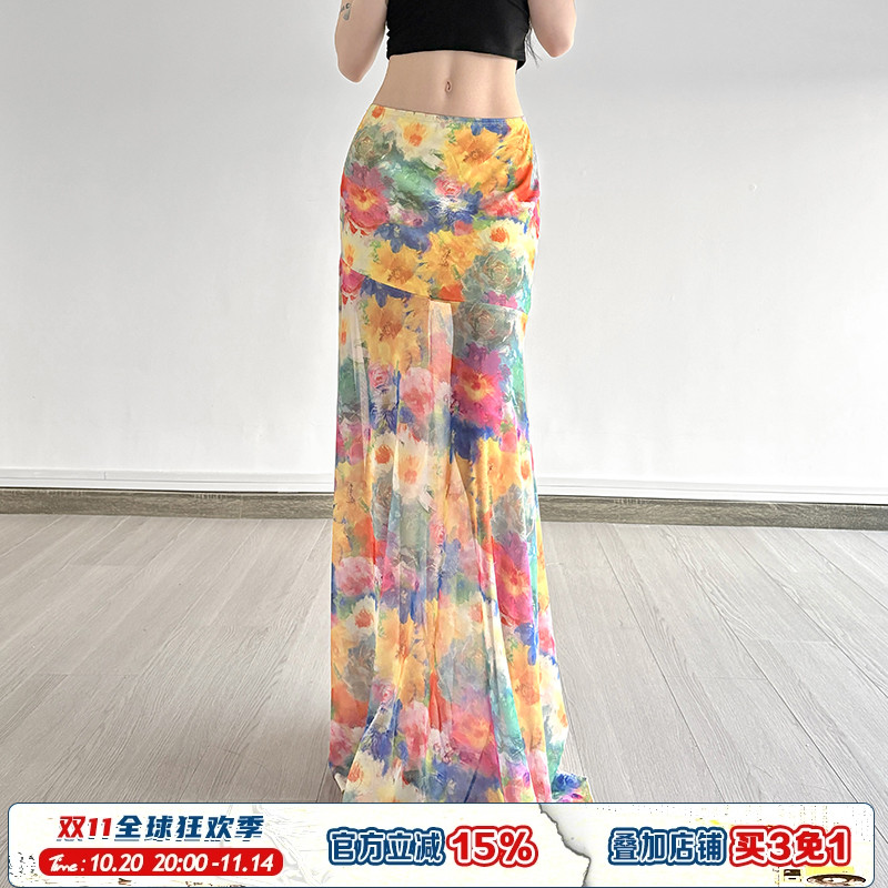 油画风晕染彩色印花网纱长裙