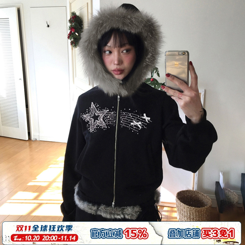 千禧美式毛领连帽拉链短款卫衣