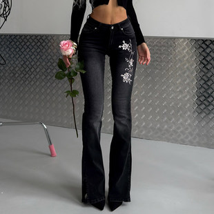 微喇裤 ROCKMORE 辣妹修身 水泥灰设计感花朵刺绣牛仔裤 千禧古早