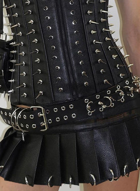ROCKMORE【摇滚朋克】街头时尚金属环扣魔术贴一片式pu皮百褶短裙