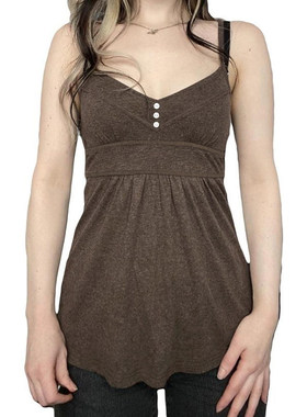 ROCKMORE【法式复古】棕色少女褶皱娃娃裙吊带后背蝴蝶结绑带上衣