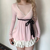 ROCKMORE 上衣 粉色长袖 甜美温柔 白色蕾丝拼接波点绑带收腰T恤