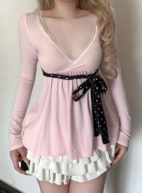 ROCKMORE【甜美温柔】白色蕾丝拼接波点绑带收腰T恤 粉色长袖上衣