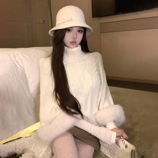 毛衣女毛绒拼接高领上衣 麻花纹慵懒感泡泡袖 ROCKMORE 淡雅素人